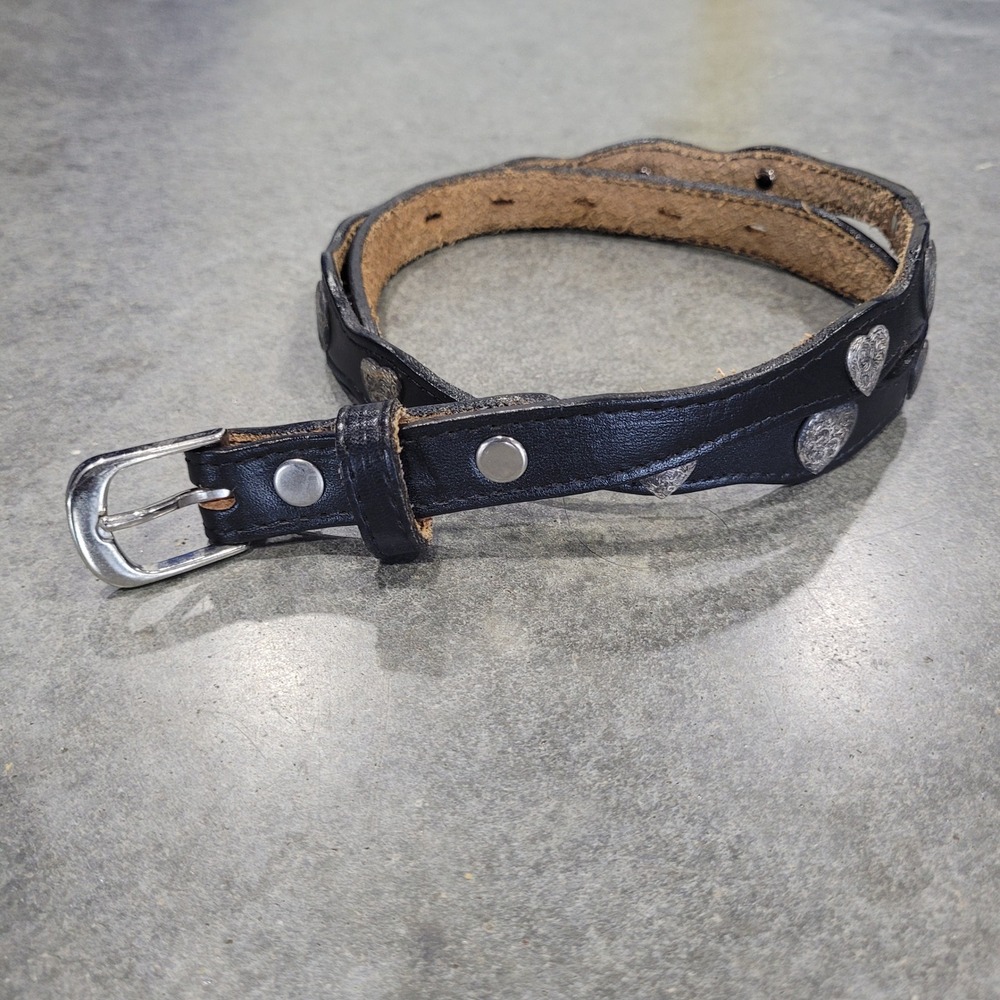 VTG Black Leather Belt 30 Black Silver Heart Concho Western Scalloped Cowgirl